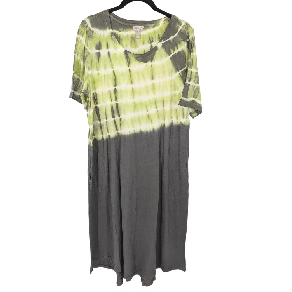 LOGO Lori Goldstein Dress Women Petite Large Grey Green Tie Dye Midi Lagenlook